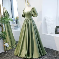 Vintage Verde Salvia Princesa Vestidos de gala 2021 Correas Cruzadas Sin Espalda Rebordear Perla Largos Satén Scoop Escote Bailando de fiesta Manga Corta Vestidos de noche