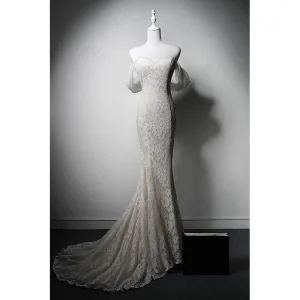 Modest Simple White Pearl Lace Flower Light Wedding Dresses 2024 Trumpet Mermaid Off The Shoulder Short Sleeve Backless Sweep Train Wedding