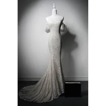 Modest Simple White Pearl Lace Flower Light Wedding Dresses 2024 Trumpet Mermaid Off The Shoulder Short Sleeve Backless Sweep Train Wedding