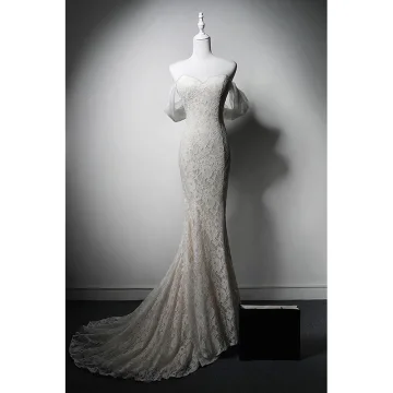 Modest Simple White Pearl Lace Flower Light Wedding Dresses 2024 Trumpet Mermaid Off The Shoulder Short Sleeve Backless Sweep Train Wedding