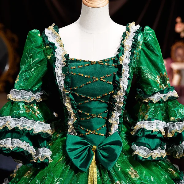 Medieval Vintage / Retro Dark Green Lace Flower Sequins Bow Prom Dresses 2025 Ball Gown Square Neckline Bell sleeves Floor-Length / Long Prom Formal Dresses