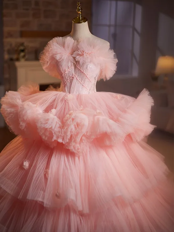 Charmant Perle Rose Volants en Cascade Perlage Paillettes Volants Robe De Bal 2025 Robe Boule Bustier Sans Manches Dos Nu Train De Balayage Tulle Promo Robe De Ceremonie