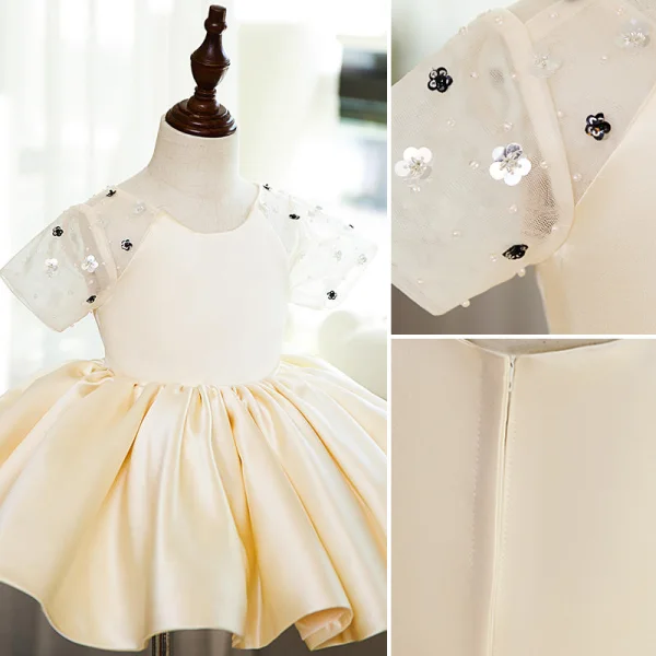 Elegant Champagne Pearl Sequins Short Birthday Flower Girl Dresses 2022 Ball Gown Scoop Neck Short Sleeve Flower Girl Dresses
