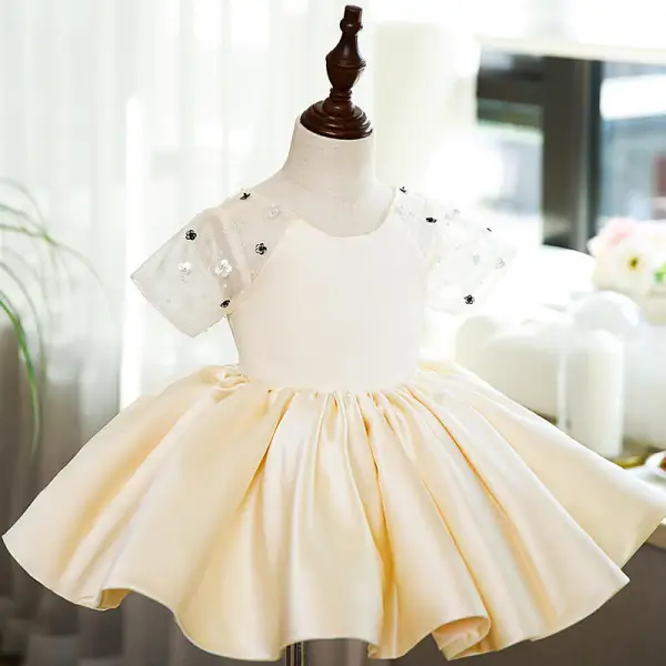 Elegant Champagne Pearl Sequins Short Birthday Flower Girl Dresses 2022 Ball Gown Scoop Neck Short Sleeve Flower Girl Dresses