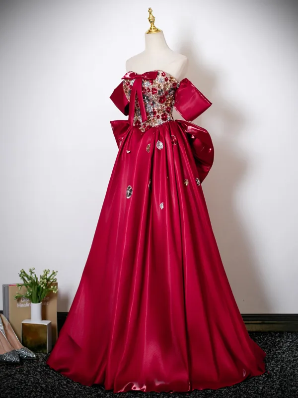 Chic / Beautiful Burgundy Sequins Prom Dresses 2025 A-Line / Princess Strapless Sleeveless Backless Bow Floor-Length / Long Formal Dresses