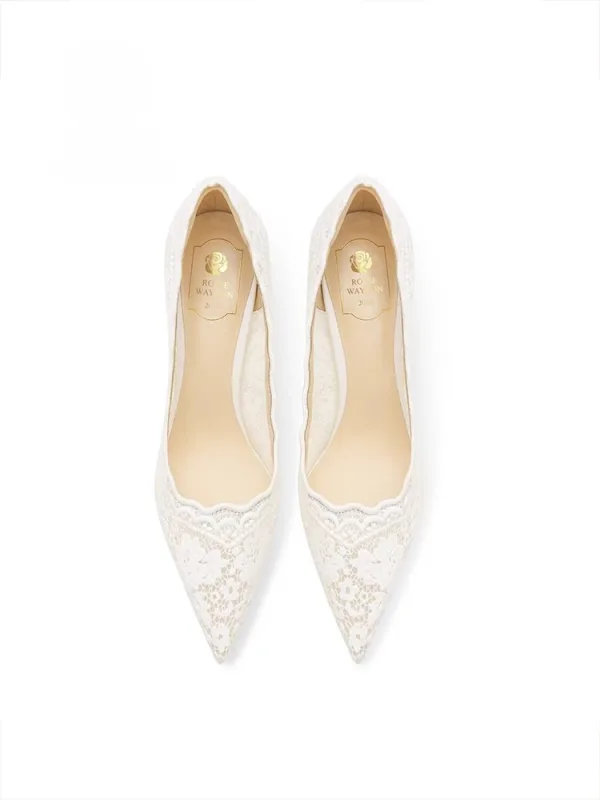 Elegante Weiß Spitze Blumen Leder Brautschuhe 2026 6 cm Stilettos Spitzschuh Hochzeit Pumps