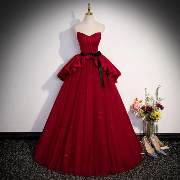 Chic / Beautiful Burgundy Prom Dresses 2023 A-Line / Princess Strapless Sleeveless Backless Bow Sash Floor-Length / Long Evening Party Formal Dresses