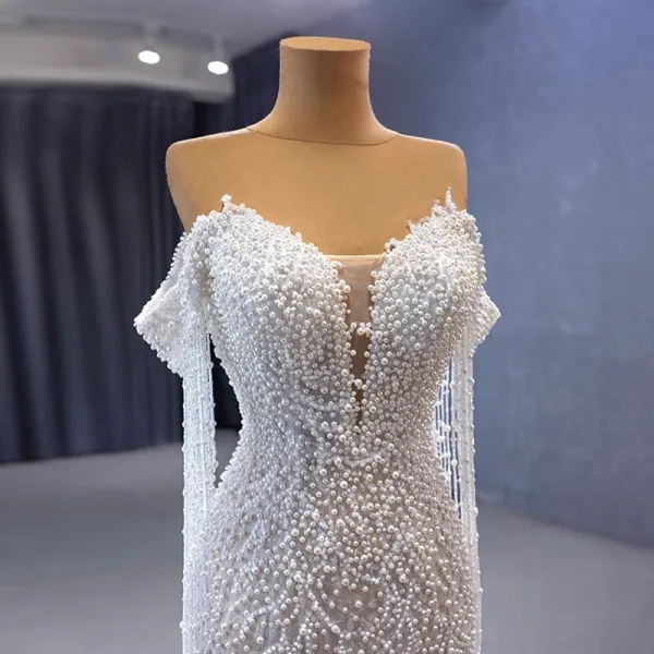 Luxury / Gorgeous Sexy White Handmade  Beading Sequins Pearl Tassel Wedding Dresses 2023 Off-The-Shoulder Trumpet / Mermaid Sleeveless Backless Sweep Train
