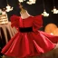 Chic / Beautiful Red Satin Short Prom Flower Girl Dresses 2022 Ball Gown Scoop Neck Sash Bell sleeves Flower Girl Dresses