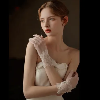 Eleganckie Białe Z Koronki Ślub Rękawiczki Ślubne 2025 Tiulowe