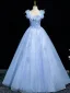 Elegant Sky Blue Beading Appliques Prom Dresses 2025 Ball Gown Off-The-Shoulder Short Sleeve Backless Floor-Length / Long Formal Dresses