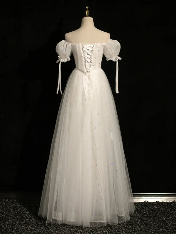 Chic / Beautiful White Lace Flower Prom Dresses 2024 A-Line / Princess Square Neckline Short Sleeve Backless Floor-Length / Long Prom Formal Dresses