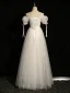 Chic / Beautiful White Lace Flower Prom Dresses 2024 A-Line / Princess Square Neckline Short Sleeve Backless Floor-Length / Long Prom Formal Dresses