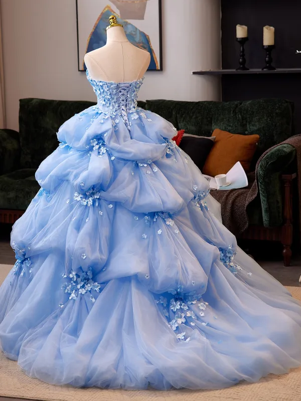 Charming Sky Blue Pearl Appliques Cascading Ruffles Prom Dresses 2025 Ball Gown Strapless Sleeveless Backless Sweep Train Formal Dresses