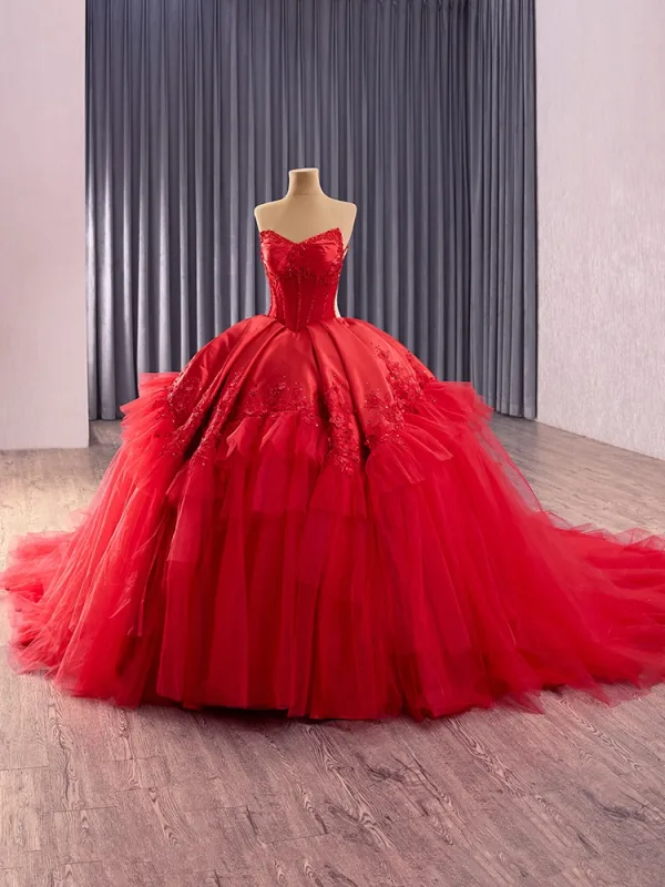 High-end Red Beading Rhinestone Lace Flower Wedding Dresses 2025 Ball Gown Strapless Sleeveless Backless Chapel Train