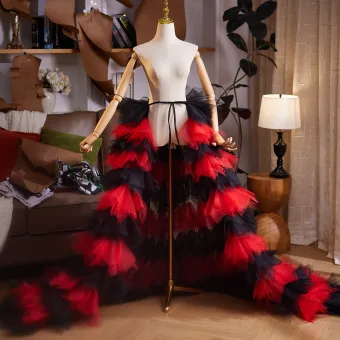 Unusual Two Tone Black Red Handmade Cascading Ruffles Prom Shawls 2025