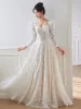 Vintage / Retro Ivory Lace Flower Wedding Dresses 2024 A-Line / Princess Square Neckline Long Sleeve Backless Floor-Length / Long Wedding