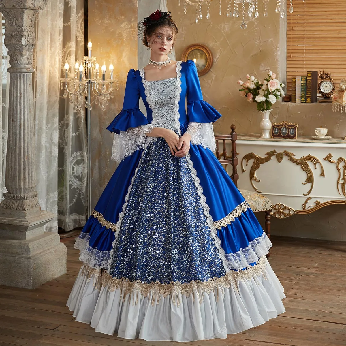 cersei blue dress A-Line Puff sleeves Long Blue Prom Dress, Square Neckline Blue Long Fo –  shopluu main image 1