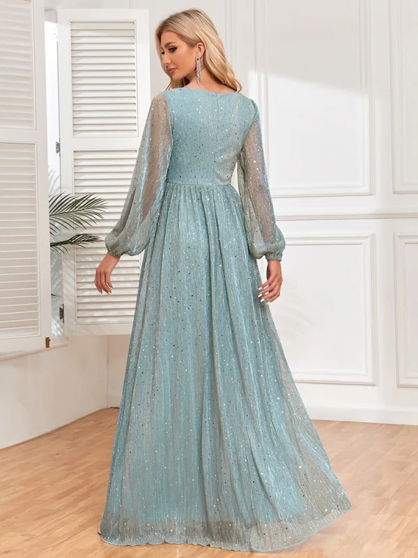 Bling Bling Pool Blue Sequins Evening Dresses 2024 A-Line / Princess V-Neck Long Sleeve Backless Floor-Length / Long Evening Party Formal Dresses
