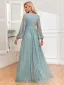 Bling Bling Pool Blue Sequins Evening Dresses 2024 A-Line / Princess V-Neck Long Sleeve Backless Floor-Length / Long Evening Party Formal Dresses