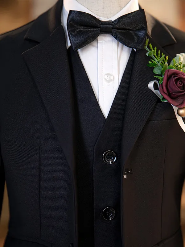 Noire 6 pièces Manches Longues Costume Garçon Mariage 2024 Mariage Bijoux De Corps Manteau Pantalon Chemise Cravate Gilet