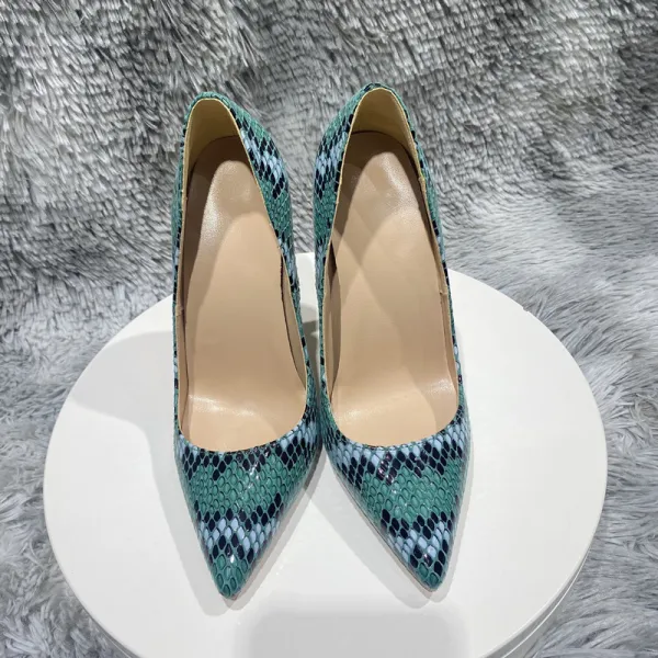 Ovanlig Limegrön Gatukläder Snakeskin Trycket Pumps 2023 12 cm Stilettklackar Spetsiga Pumps Högklackade