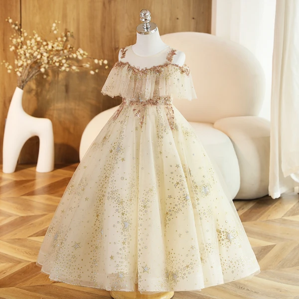 Charming Champagne Beading Sequins Birthday Flower Girl Dresses 2023 Ball Gown Scoop Neck Short Sleeve Backless Floor-Length / Long Flower Girl Dresses
