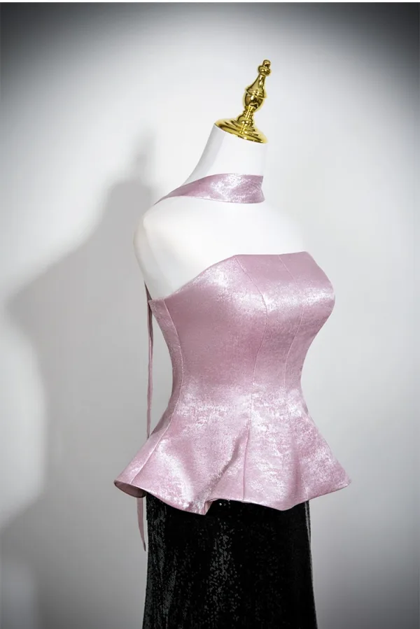 Charmant Rosa Pailletten Partykleider 2025 Meerjungfrau Bandeau Ärmellos Rückenfreies Sweep / Pinsel Zug Cocktail Abend Festliche Kleider