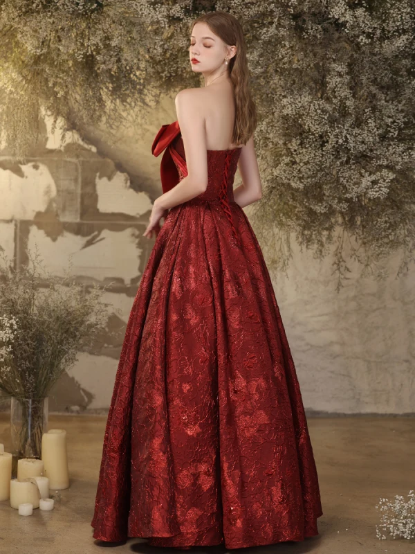Chic / Beautiful Burgundy Printing Satin Prom Dresses 2024 Ball Gown Strapless Bow Sleeveless Backless Floor-Length / Long Prom Formal Dresses