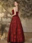 Chic / Beautiful Burgundy Printing Satin Prom Dresses 2024 Ball Gown Strapless Bow Sleeveless Backless Floor-Length / Long Prom Formal Dresses
