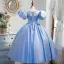 Élégant Bleu Ciel Anniversaire Robe Ceremonie Fille 2022 Robe Boule Perle Encolure Dégagée Gonflée Manches Courtes Ceinture Noeud Longue Robe Ceremonie Fille