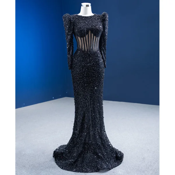 Haut de Gamme Noire Fait main Perle Paillettes Robe De Soirée 2023 Trompette / Sirène Encolure Dégagée Manches Longues Dos Nu Train De Balayage Soirée Robe De Ceremonie