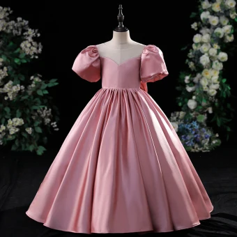 Chic Belle Rose Bonbon Anniversaire Robe Ceremonie Fille 2022 Princesse Encolure Dégagée Gonflée Manches Courtes Dos Nu Noeud Longue Robe Ceremonie Fille
