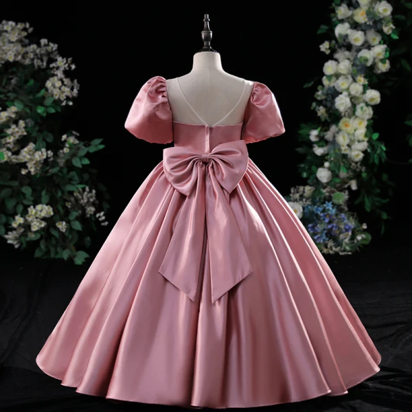 Chic / Beautiful Candy Pink Birthday Flower Girl Dresses 2022 A-Line / Princess Scoop Neck Puffy Short Sleeve Backless Bow Floor-Length / Long Flower Girl Dresses