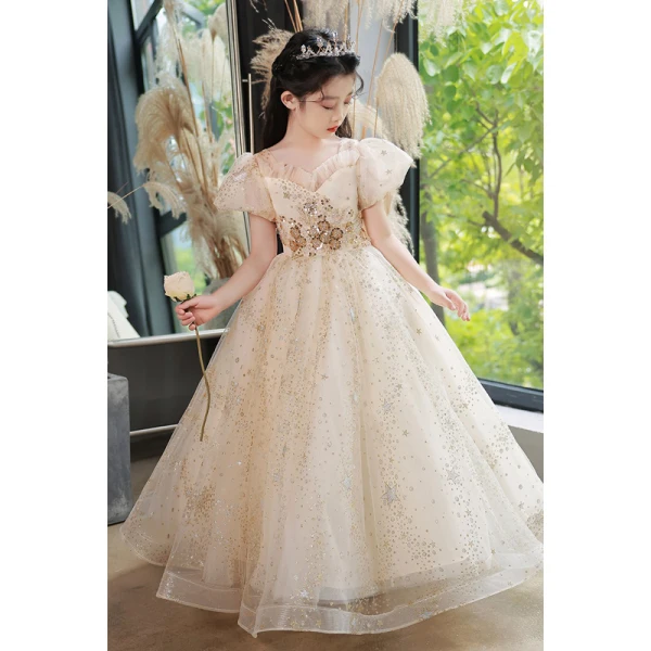 Chic / Beautiful Champagne Star Sequins Birthday Flower Girl Dresses 2023 A-Line / Princess V-Neck Puffy Short Sleeve Floor-Length / Long Flower Girl Dresses