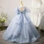 Chic / Beautiful Sky Blue Beading Sequins Lace Flower Birthday Flower Girl Dresses 2022 Ball Gown Scoop Neck Puffy Short Sleeve Backless Floor-Length / Long Bow Flower Girl Dresses