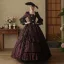 Vintage / Retro Medieval Gothic Burgundy Printing Rhinestone Prom Dresses 2024 Ball Gown Square Neckline Bell sleeves Floor-Length / Long Prom Formal Dresses