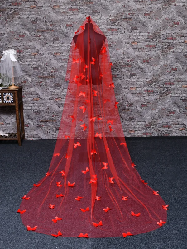 Unusual Red Butterfly Court Train 3.5 m Wedding Veils 2025 Tulle