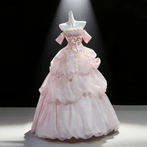 Blomsterfe Lyserød Sløjfe Applikationsbroderi Cascading Flæser Gallakjoler 2026 Chiffon Balkjole Off The Shoulder Ærmeløs Halterneck