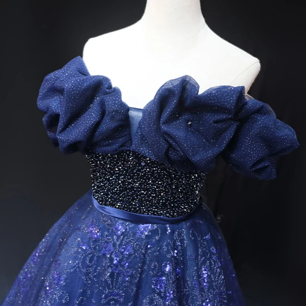 Glitzernden Marineblau Glanz Perlenstickerei Pailletten Ballkleider 2023 A Linie Bandeau Ärmellos Rückenfreies Lange Ball Festliche Kleider