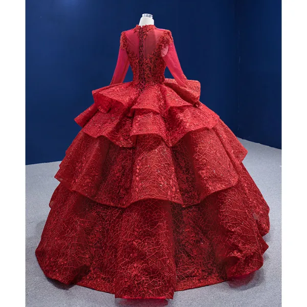 High-end Burgundy Beading Sequins Lace Flower Cascading Ruffles Wedding Dresses 2022 Ball Gown High Neck Long Sleeve Floor-Length / Long