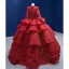 High-end Burgundy Beading Sequins Lace Flower Cascading Ruffles Wedding Dresses 2022 Ball Gown High Neck Long Sleeve Floor-Length / Long