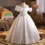 Elegant White Pearl Flower Satin Wedding Flower Girl Dresses 2026 Ball Gown Off-The-Shoulder Short Sleeve Floor-Length / Long