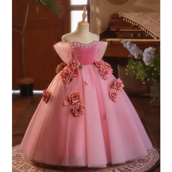 Flower Fairy Candy Pink Appliques Prom Dresses 2025 Ball Gown Off-The-Shoulder Short Sleeve Backless Floor-Length / Long Prom Formal Dresses