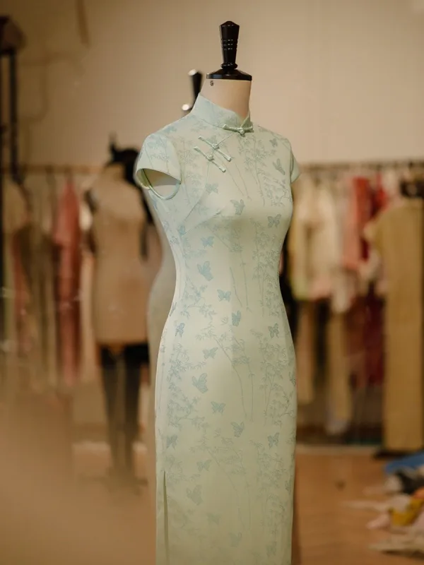 Chinese style Sage Green Printing Tea-length Cheongsam 2026 Trumpet / Mermaid High Neck Cap Sleeves