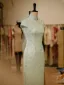 Chinese style Sage Green Printing Tea-length Cheongsam 2026 Trumpet / Mermaid High Neck Cap Sleeves