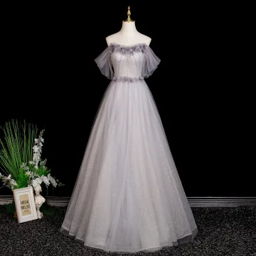 Chic Beautiful Grey Rhinestone Appliques Prom Dresses 2025 A Line Princess Off The Shoulder Short Sleeve Backless Floor Length Long Formal Dresses