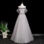Chic / Beautiful Grey Rhinestone Appliques Prom Dresses 2025 A-Line / Princess Off-The-Shoulder Short Sleeve Backless Floor-Length / Long Formal Dresses