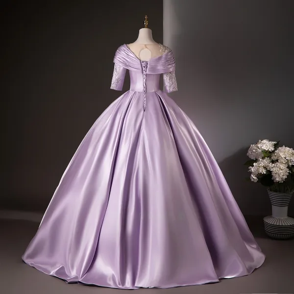 Vintage / Retro Elegant Lavender Beading Sequins Prom Dresses 2025 Ball Gown Scoop Neck Short Sleeve Backless Floor-Length / Long Formal Dresses