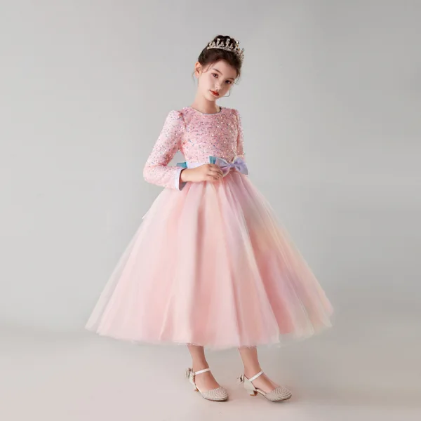 Chic / Beautiful Sky Blue Birthday Sequins Flower Girl Dresses 2023 A-Line / Princess Scoop Neck Bow Sash Long Sleeve Floor-Length / Long Flower Girl Dresses